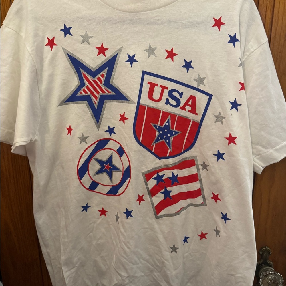 Screen Stars White T-Shirt with Red Stars